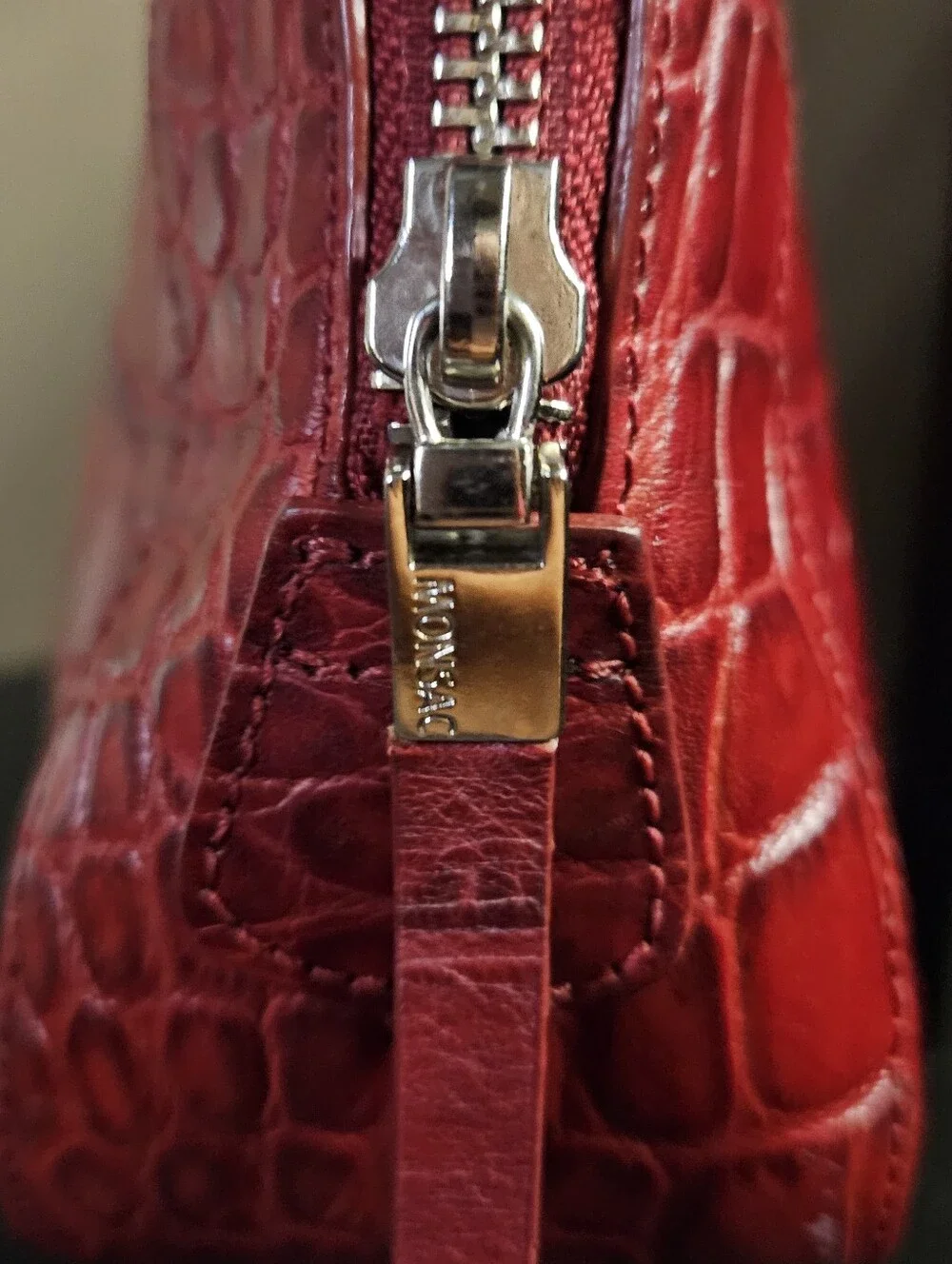 Vintage Monsac Croc-Embossed Italian Leather Baguette Handbag- Cherry Red - Picture 9 of 12